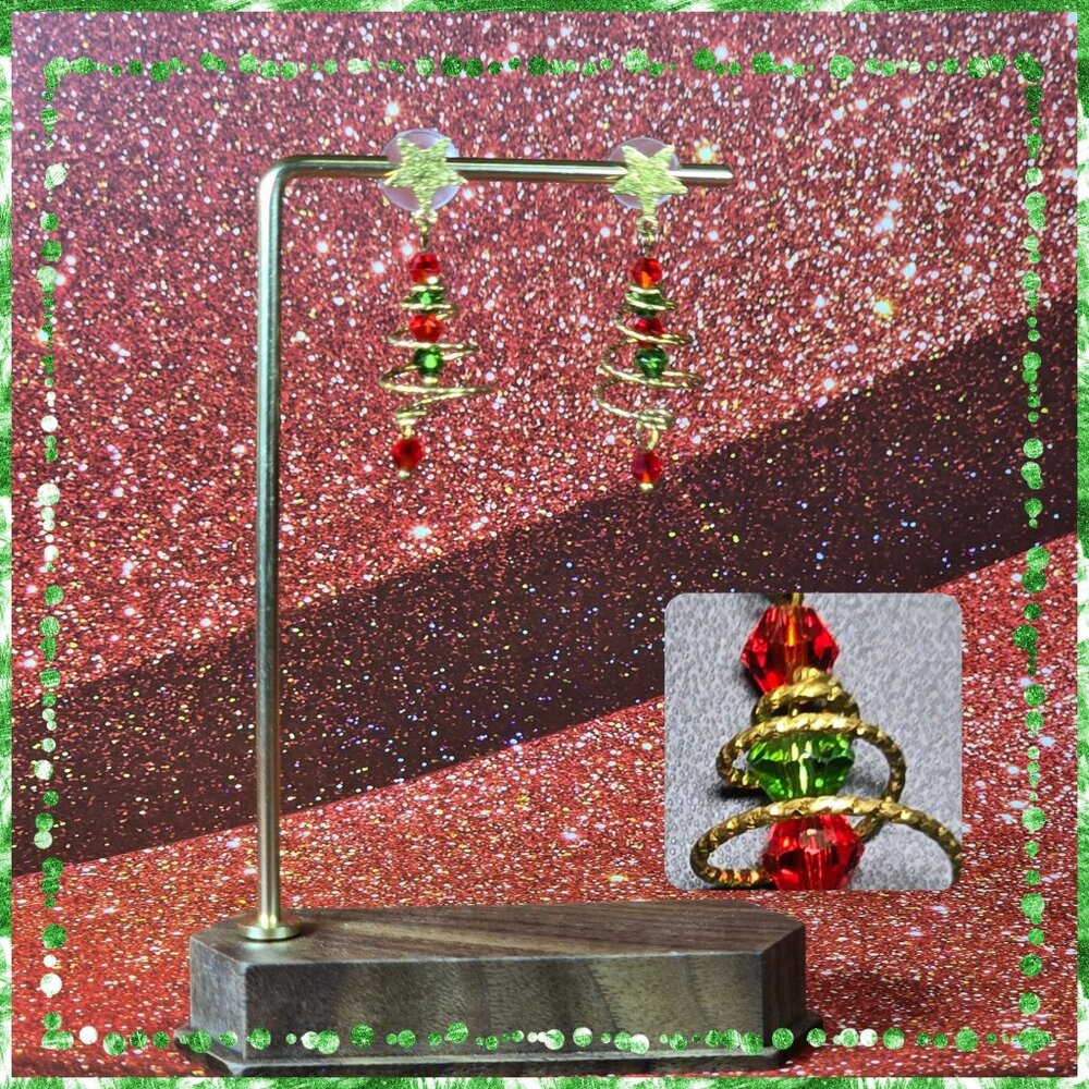 2/$15 Spiral Christmas‎ Tree Earrings With Red & Green Beads (NWOT)